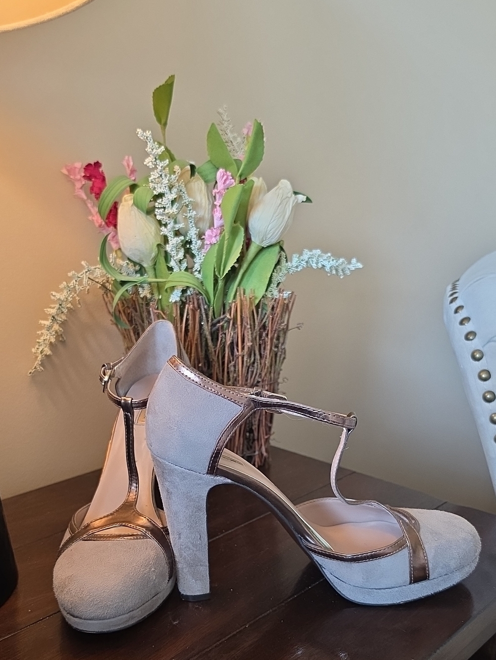 Tahari Light Gray Suede T-Strap Heels with Rose Gold Trim